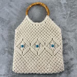 Macrame Bamboo Handle Crochet Knit Purse Hand Bag White